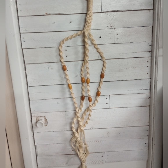 Vintage Macrame Plant Hanger Cream with Brown Wood Beads Large Plant Hanger 49" - Picture 1 of 7